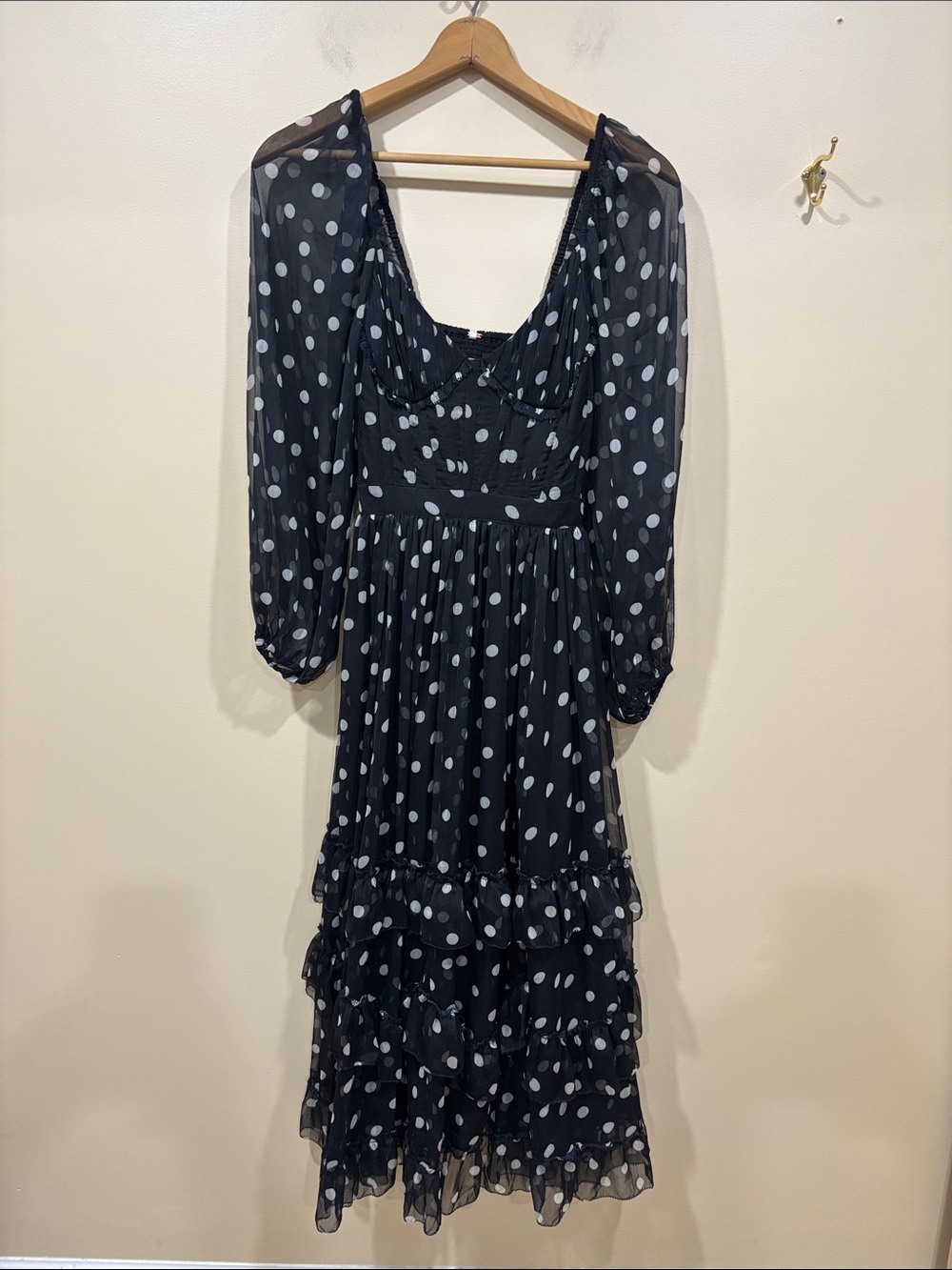 NWT Free People Polka Dot Long Sleeve Maxi Dress Black Size Small - Picture 5 of 16